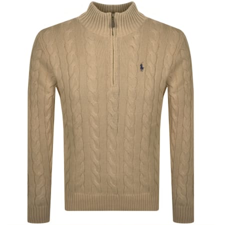 Product image for Ralph Lauren Half Zip Cable Knit Jumper Brown