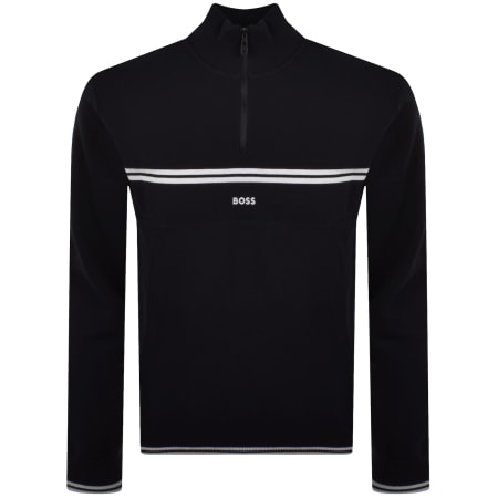 Product image for BOSS Zip Neck Knit Jumper Dark Blue